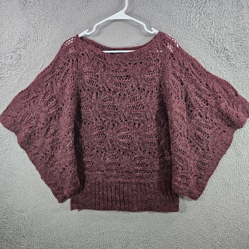 BCBGMAXAZRIA Burgundy Pointelle Open Knit Dolman Batwing Sleeve Sweater Small